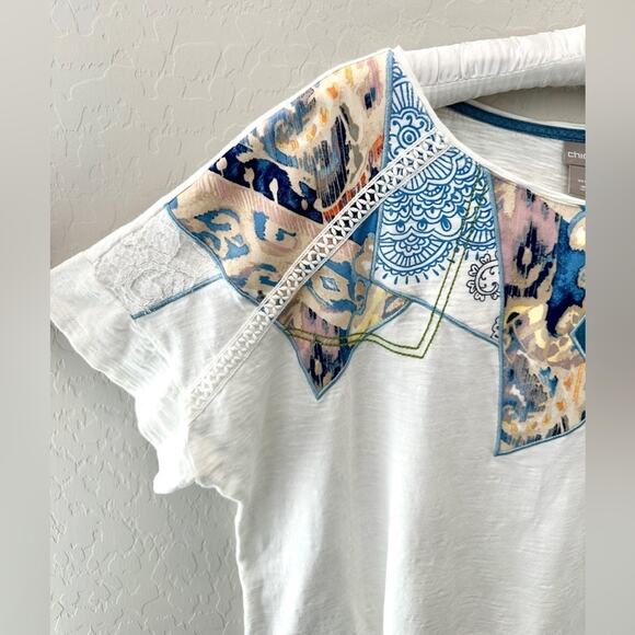 CHICO'S | White Boho Patchwork Detail Bateau Neck Short Sleeve Tee | XL - Picture 5 of 9